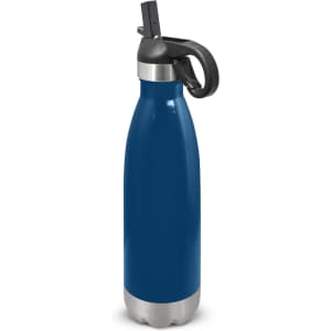 A drink bottle featuring a sleek navy blue design with a stainless steel base and a black flip lid.