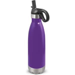 A drink bottle featuring a sleek purple design with a stainless steel bottom and a flip lid for easy access.