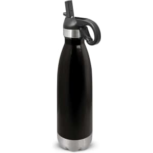 A drink bottle with a sleek black design, featuring a flip lid and a stainless steel base.