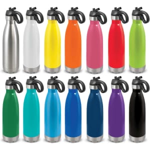 A drink bottle collection featuring various colours, including stainless steel, white, yellow, orange, pink, red, green, blue, and purple. Each has a flip lid and branding.