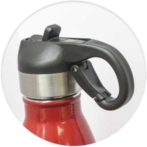 A drink bottle with a red body and a black flip lid, featuring a metal base and a handle.