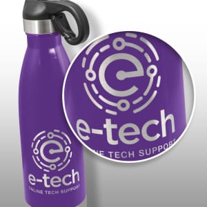 A drink bottle in purple with a flip lid and a logo featuring circular designs.