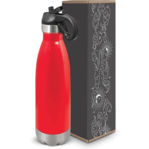 A drink bottle in bright red with a stainless steel base, featuring a flip lid and packaged in a decorative box.