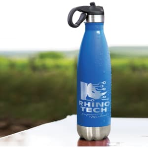 A drink bottle in vibrant blue with a stainless steel base, featuring a flip lid and a logo.