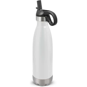 A drink bottle with a sleek white body and a stainless steel base, featuring a black flip lid and a convenient handle.
