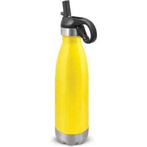 A drink bottle featuring a sleek yellow design with a stainless steel bottom and a black flip lid for easy access.