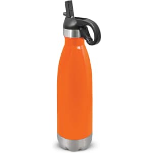 A drink bottle featuring a vibrant orange body with a stainless steel base and a black flip lid.