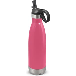 A drink bottle in a vibrant pink color, featuring a flip lid and a durable stainless steel base.