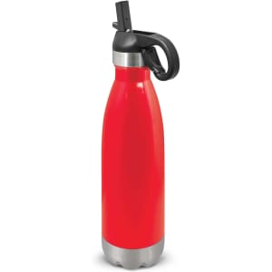 A drink bottle featuring a sleek red design with a flip lid and a black handle, made of stainless steel.
