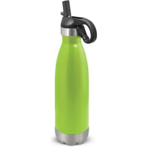 A drink bottle featuring a vibrant green body, stainless steel bottom, and a black flip lid with a handle.