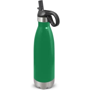 A drink bottle in vibrant green with a stainless steel base and a flip lid feature. It has a logo on the side.