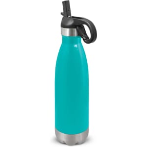 A drink bottle with a flip lid, featuring a vibrant turquoise body and a metallic silver base.