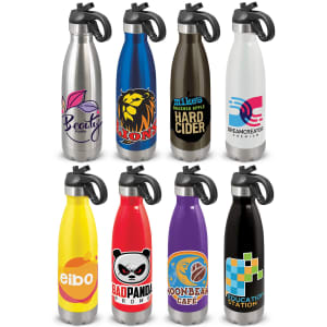 A drink bottle collection featuring various colours and designs, including silver, black, yellow, purple, and red with flip lids.