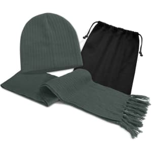 A grey ribbed beanie and matching scarf set, accompanied by a black drawstring pouch.