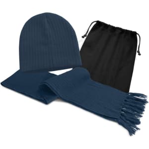 A navy beanie and matching scarf set, accompanied by a black drawstring bag.