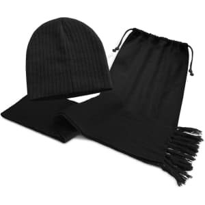 A black beanie with ribbed texture alongside a matching black scarf with fringed edges. The set includes a logo.