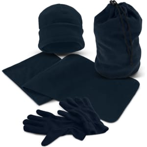 A polar fleece set featuring a beanie, gloves, a scarf, and a drawstring bag in navy blue.