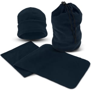 A navy blue scarf and beanie set, accompanied by a matching drawstring storage bag. The materials appear soft and warm.