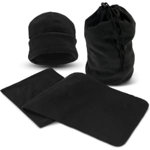A black beanie and a black scarf set, packaged in a matching drawstring bag, made from soft fleece material.