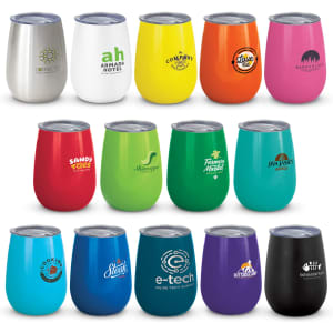 A collection of colourful vacuum cups in various hues, featuring different logos on their surfaces.