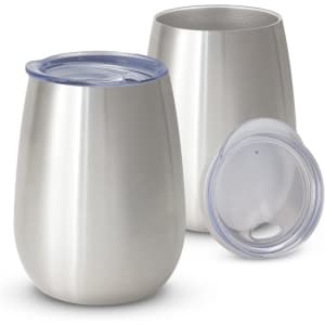 A drink bottle with a sleek, stainless steel finish, featuring a translucent lid and a modern design.
