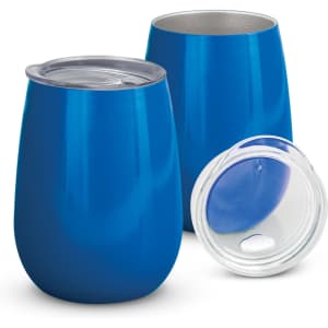 A drink bottle set featuring two metallic blue vacuum cups and a clear lid.