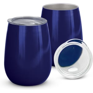 A drink bottle set featuring two deep navy travel mugs with stainless steel interiors and clear lids.