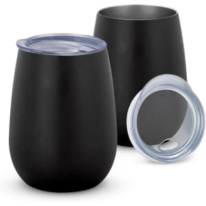 A drink bottle set featuring two black vacuum cups, one with a clear lid and one without.