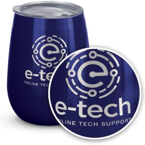 A drink bottle featuring a navy blue design with a stainless steel lid and a logo. Suitable for travel and outdoor use.