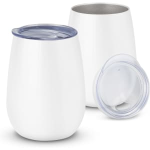A drink bottle in white with a clear lid, featuring a stainless steel interior and a rounded design.