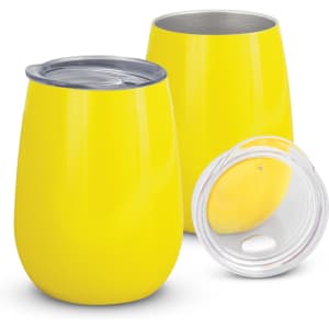 A drink bottle in vibrant yellow with a stainless steel interior and a clear lid, featuring a logo.