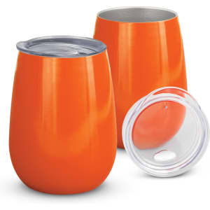A drink bottle set featuring two bright orange vacuum cups and a clear lid. The cups have a sleek, modern design.