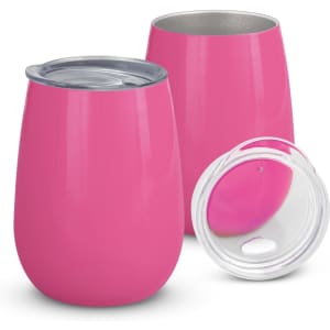 A drink bottle set featuring two pink Cordia Vacuum Cups with silver interiors and clear lids.
