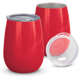 A drink bottle in vibrant red with a stainless steel interior and a clear lid, featuring a logo on the front.
