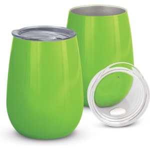 A drink bottle set in vibrant green, featuring two vacuum cups and a clear lid. The cups have a sleek, rounded shape.