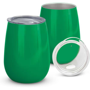 A drink bottle in vibrant green with a stainless steel interior and a clear lid, featuring a smooth, rounded design.