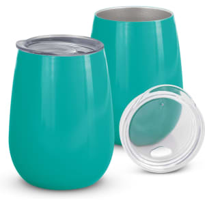 A drink bottle set featuring two teal vacuum cups, one with a clear lid. Both are smooth and rounded in shape.
