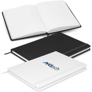A set of Omega Unlined Notebooks in black, white, and grey, featuring a logo on the white notebook.
