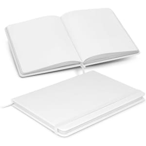 A white unlined notebook with an elastic band and a ribbon marker, featuring a blank open page.