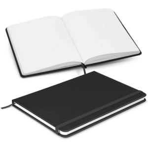 An unlined black notebook with an elastic closure and ribbon bookmark, featuring blank pages inside.