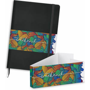 A black unlined notebook with a colourful, patterned band featuring the words "Have a great weekend" and an accompanying box.