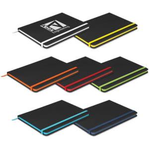 A collection of Omega Black Notebooks in various colours: black, red, green, blue, and yellow. Each notebook features a logo.