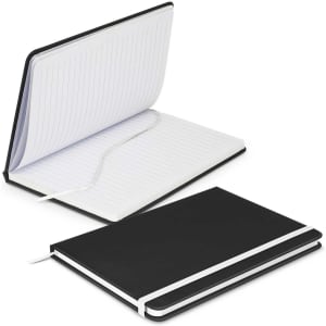 A black notebook with a white elastic band and lined pages, open to display its interior.
