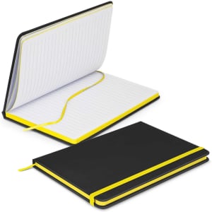 A black notebook with lined pages and a yellow elastic band, featuring a logo on the cover.