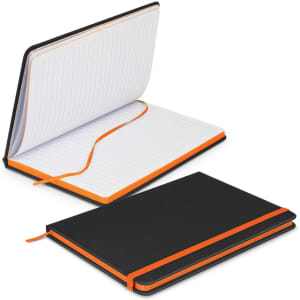 A black notebook with an orange ribbon and elastic closure, featuring lined pages.