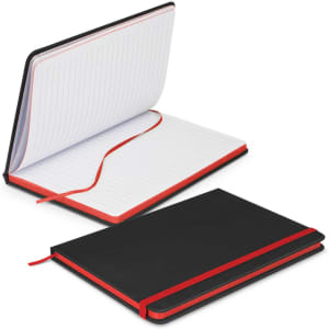 A black notebook with a red ribbon, featuring lined pages and a sleek, minimalist design.