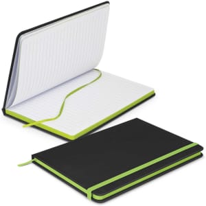 A black notebook with a green accent, featuring lined pages and a ribbon bookmark, displayed open and closed.