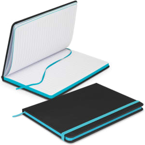 A black notebook with a turquoise elastic band, featuring lined pages and a ribbon bookmark.
