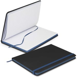 A black notebook with a blue elastic band, featuring lined pages and an open spine. It has a branding logo.