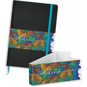 A black notebook with a colourful patterned band, featuring a matching box for packaging.